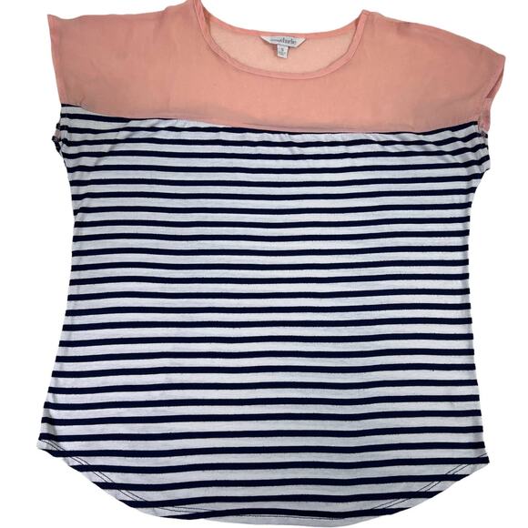Charming Charlie Sleeveless Stripe Tee Shirt Blouse Sheer Peach Chiffon Shoulder - Picture 1 of 11